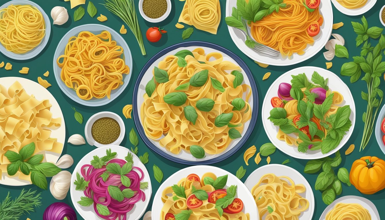 A table set with a variety of colorful and fresh pasta dishes, surrounded by vibrant vegetables and herbs