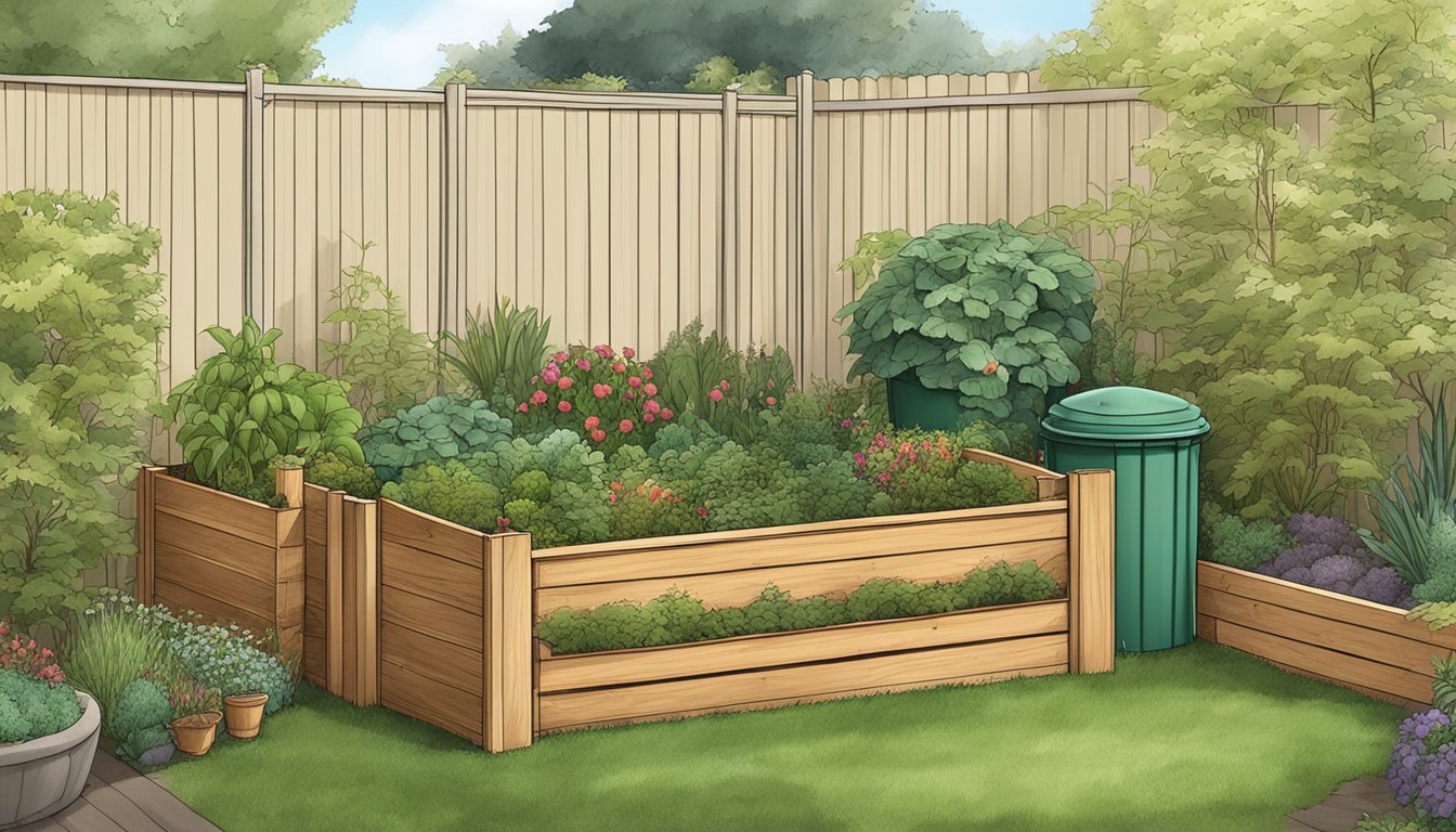 A backyard compost bin with various organic materials layered inside, surrounded by a lush garden in Daly City, CA