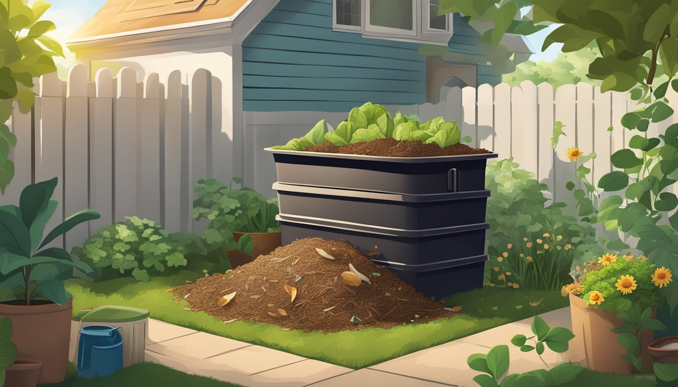 A sunny backyard with a compost bin surrounded by green plants and a mix of food scraps and yard waste piled on top