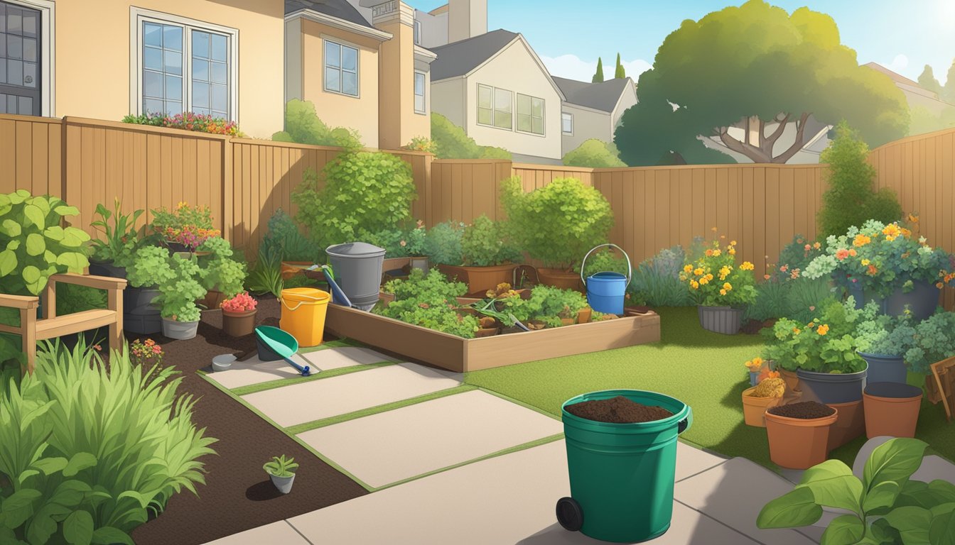 A backyard in Daly City, CA with a compost bin, gardening tools, and various organic materials scattered around. The sun is shining, and there are green plants in the background