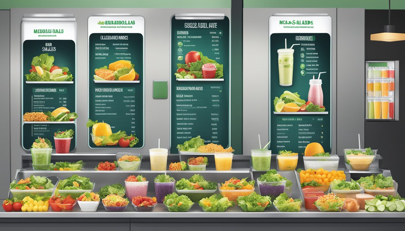 A variety of fresh salads, fruit smoothies, and bottled water displayed on a clean, modern menu board at McDonald's