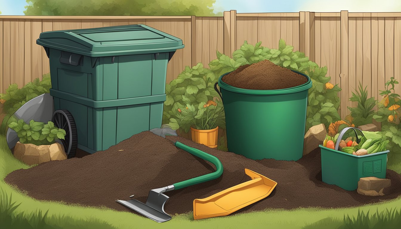 A backyard compost bin surrounded by various organic materials, with a shovel and troubleshooting guide nearby