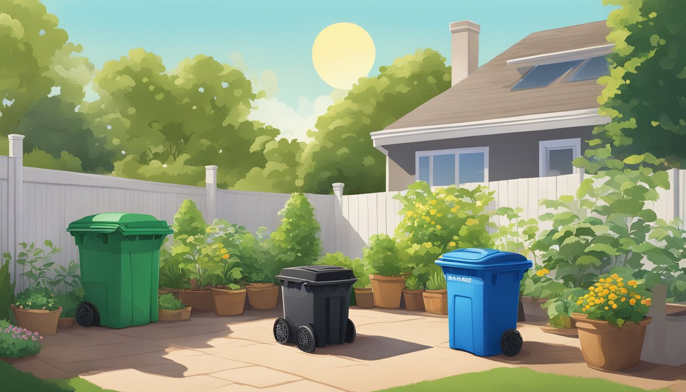 A sunny backyard with a compost bin, recycling bins, and a guidebook on composting in Corona, CA. Lush green plants and a clear blue sky complete the scene