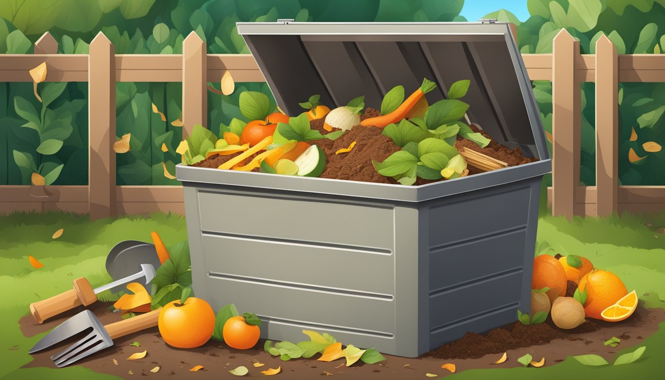 A backyard compost bin surrounded by a variety of organic waste, including fruit peels, vegetable scraps, and yard trimmings, with a small shovel nearby