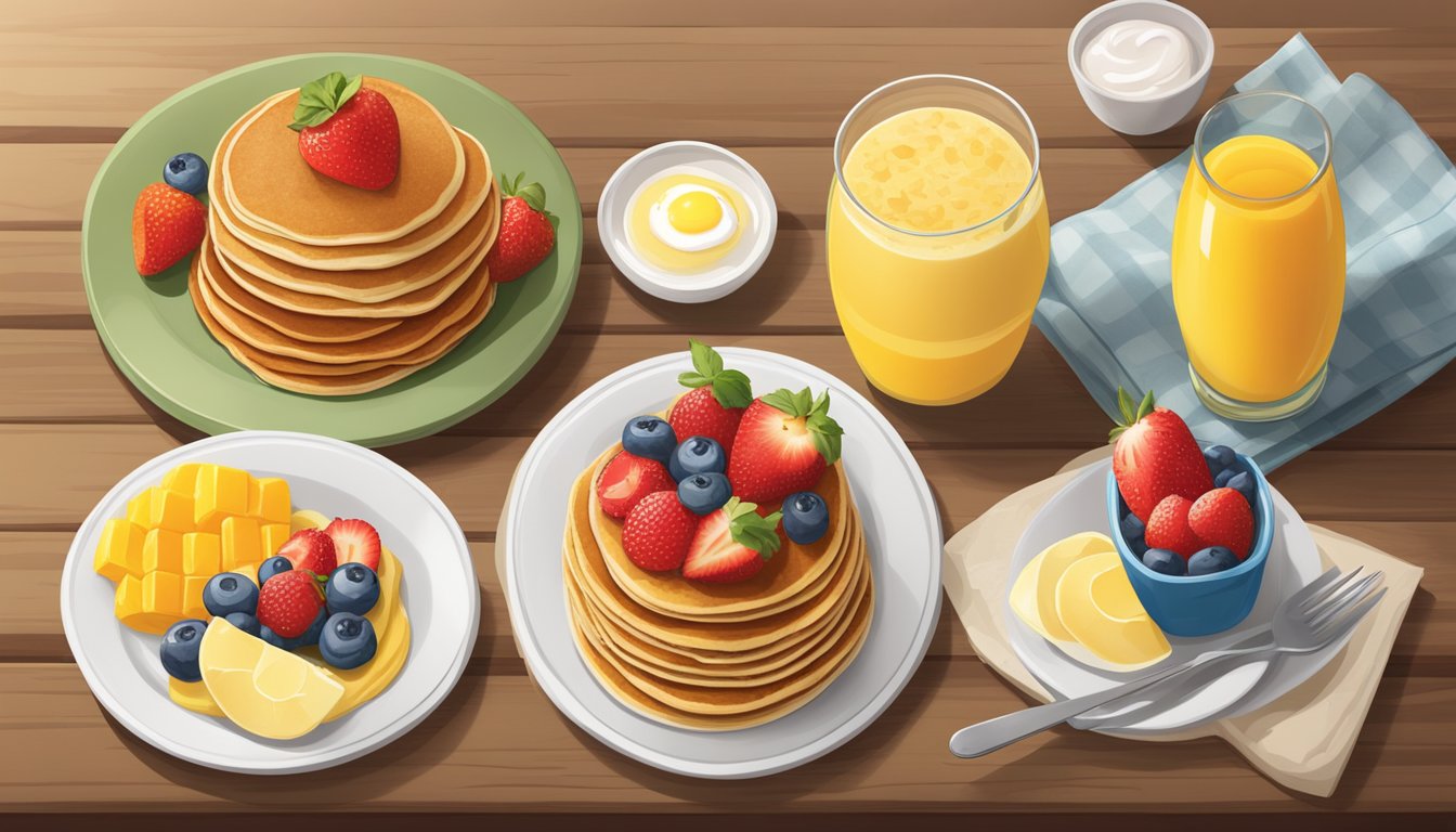 A colorful array of fresh fruits, whole grain pancakes, and egg white omelets displayed on a rustic wooden table at IHOP