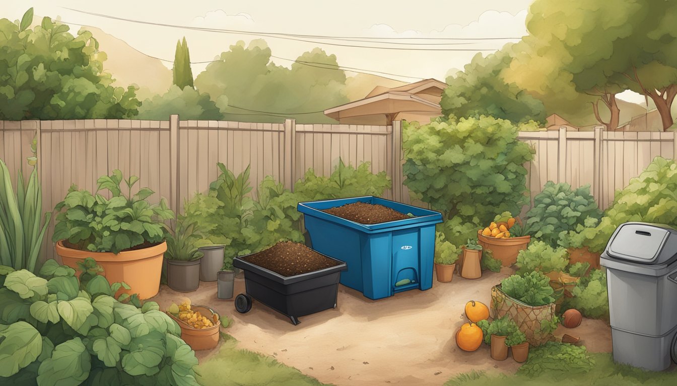 A backyard in Corona, CA with a compost bin surrounded by greenery and various food scraps being added to the pile