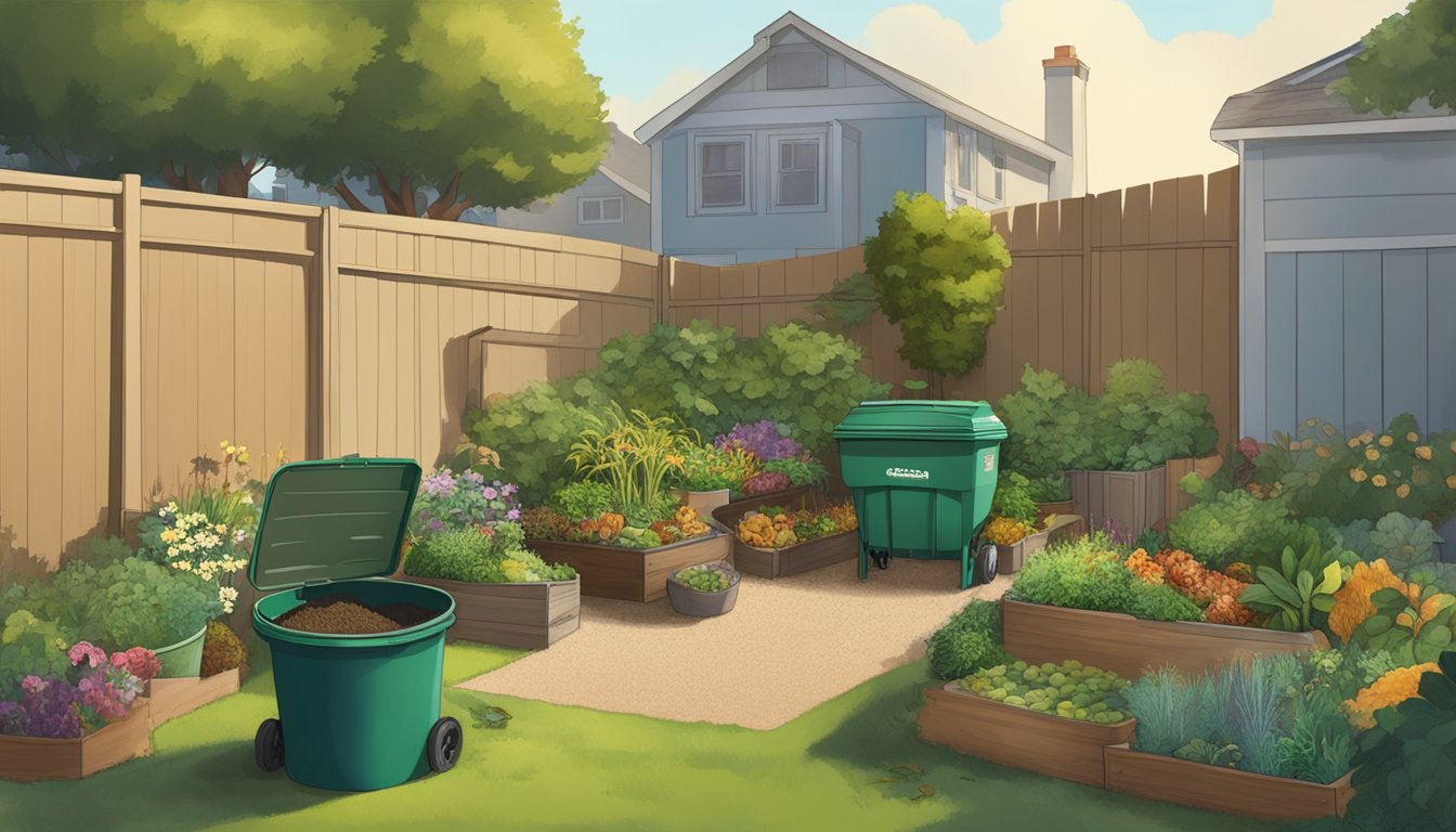 A backyard in Daly City, CA with a compost bin surrounded by greenery and a variety of food scraps and yard waste being added to the bin