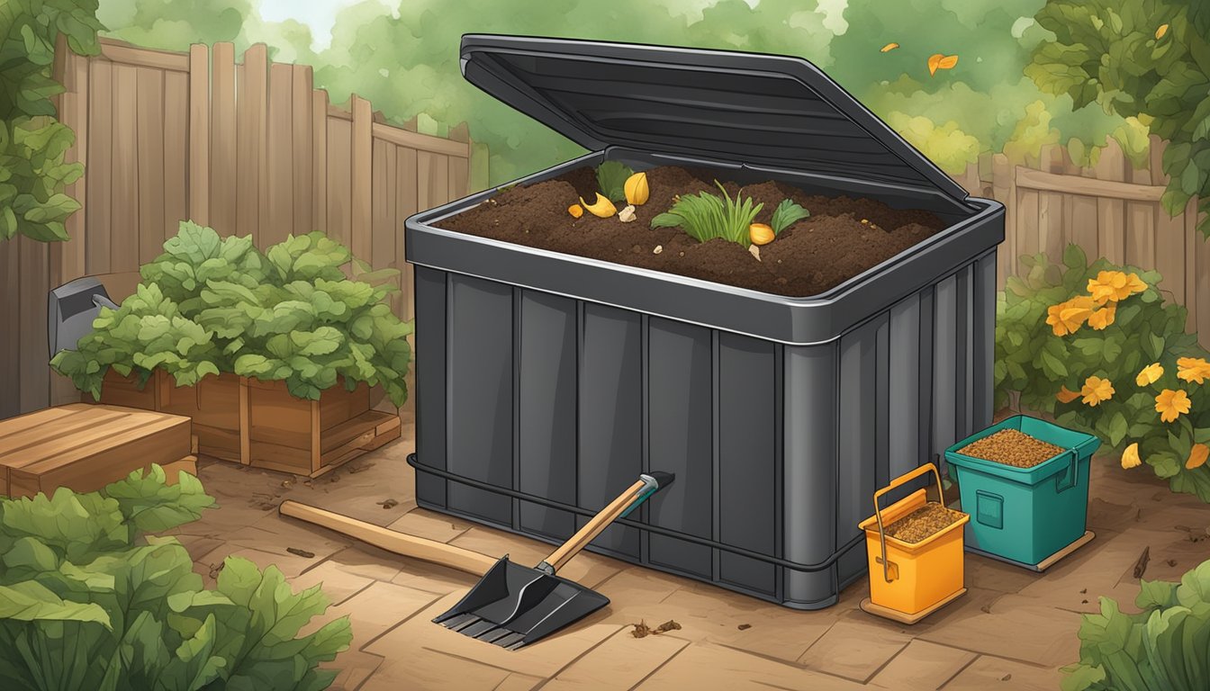 A backyard compost bin surrounded by various organic waste materials, with a shovel and troubleshooting guide nearby