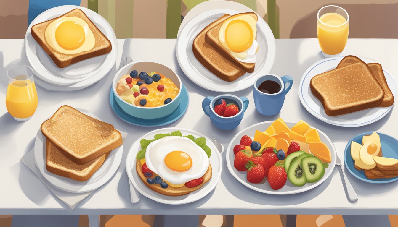 A table set with a colorful array of egg dishes, fruit, and whole grain toast at an IHOP restaurant, showcasing healthy breakfast options for a balanced meal