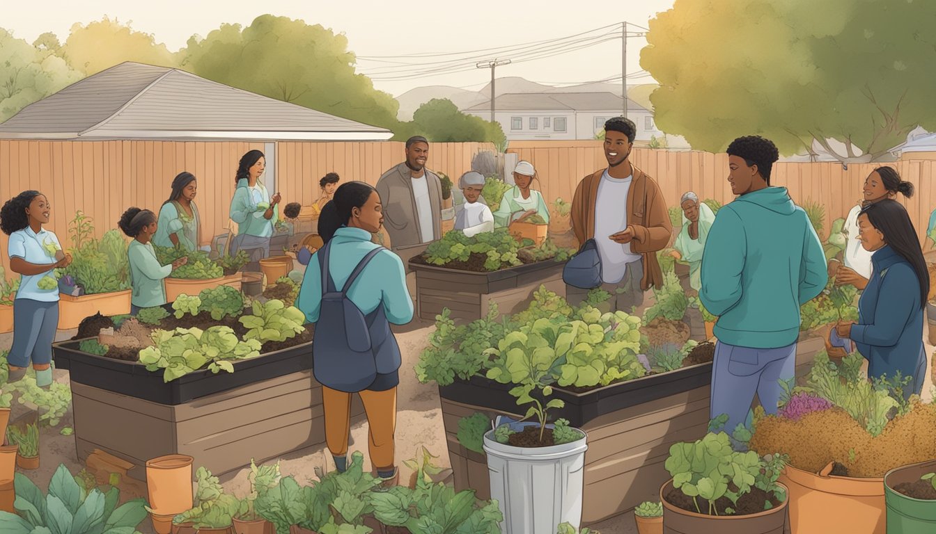 A diverse group of residents gather in a community garden, surrounded by compost bins and gardening tools, as they learn about composting in Daly City, CA