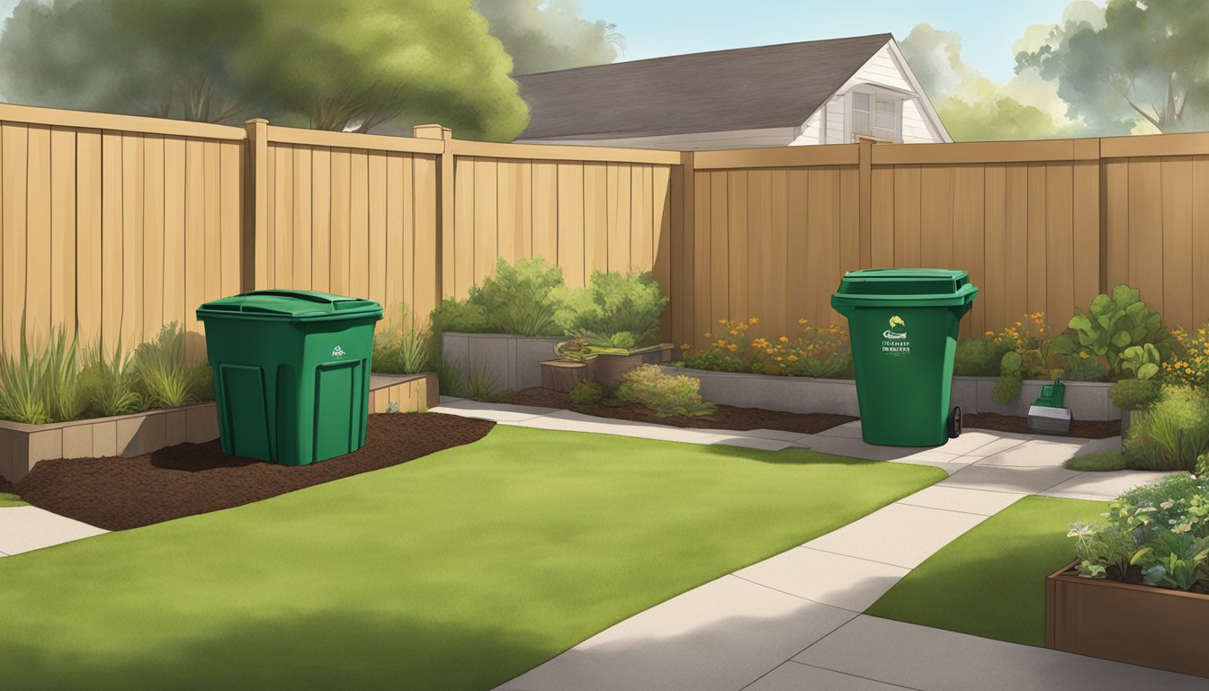 A backyard in Costa Mesa, CA with a compost bin, green and brown materials, and a shovel for turning the compost