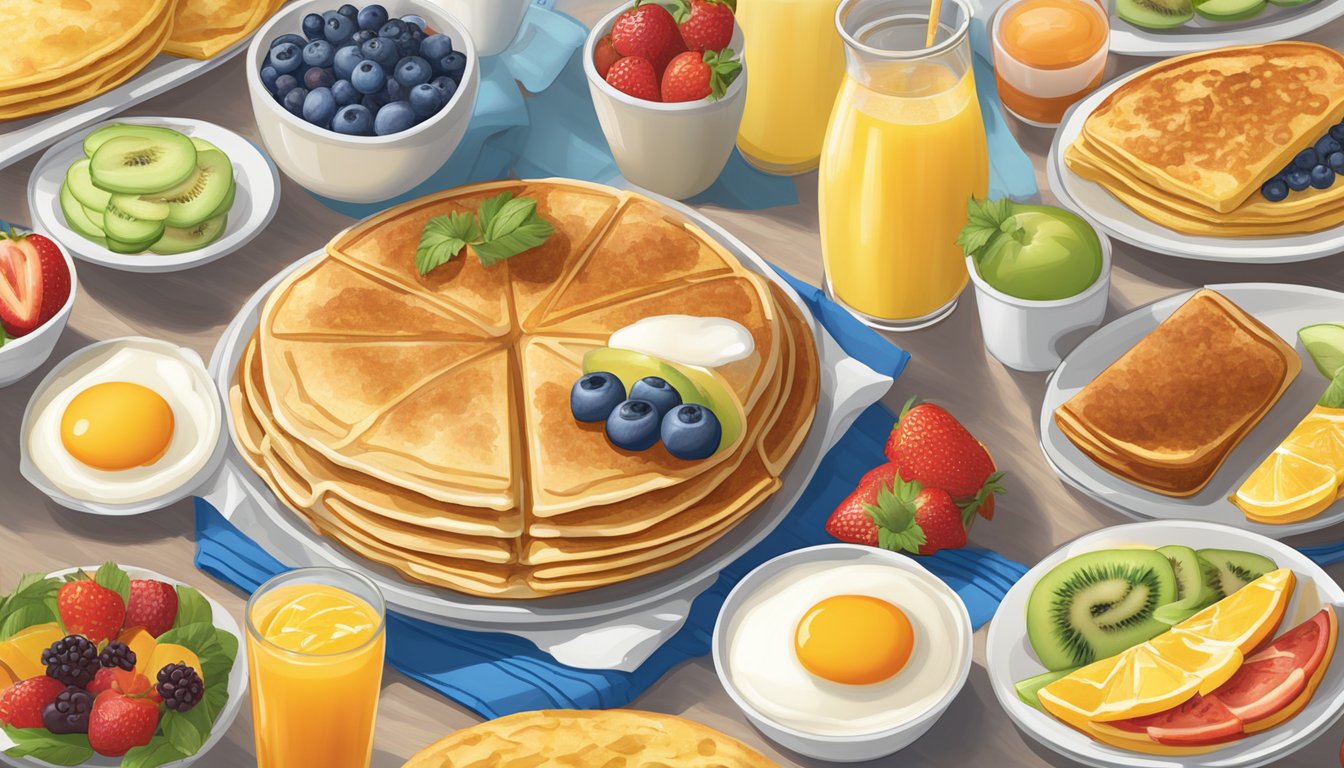 A colorful array of fresh fruits, whole grain pancakes, and egg white omelettes sizzling on a griddle at an IHOP breakfast