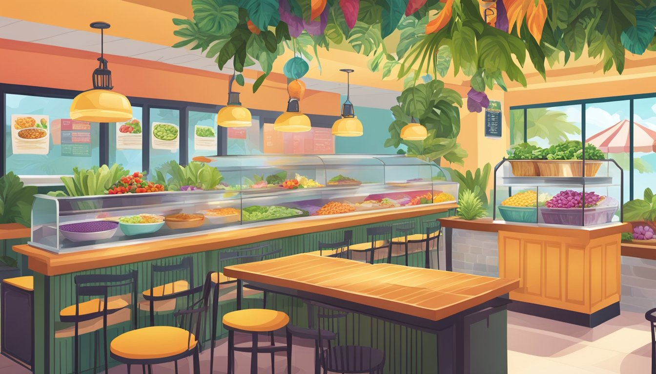 A vibrant corner cafe with a menu board featuring fresh salads, smoothie bowls, and grilled vegetable wraps. Bright colors and a tropical vibe