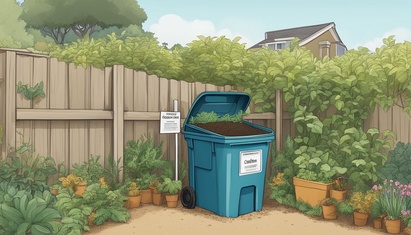 A backyard compost bin surrounded by greenery and a small sign indicating "Composting Guidelines" in Daly City, CA