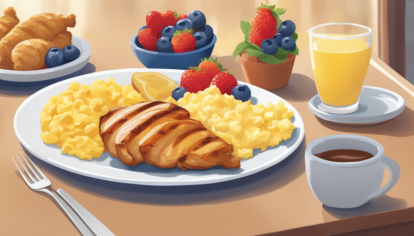 A plate of grilled chicken and scrambled eggs with a side of fresh fruit on a table at IHOP