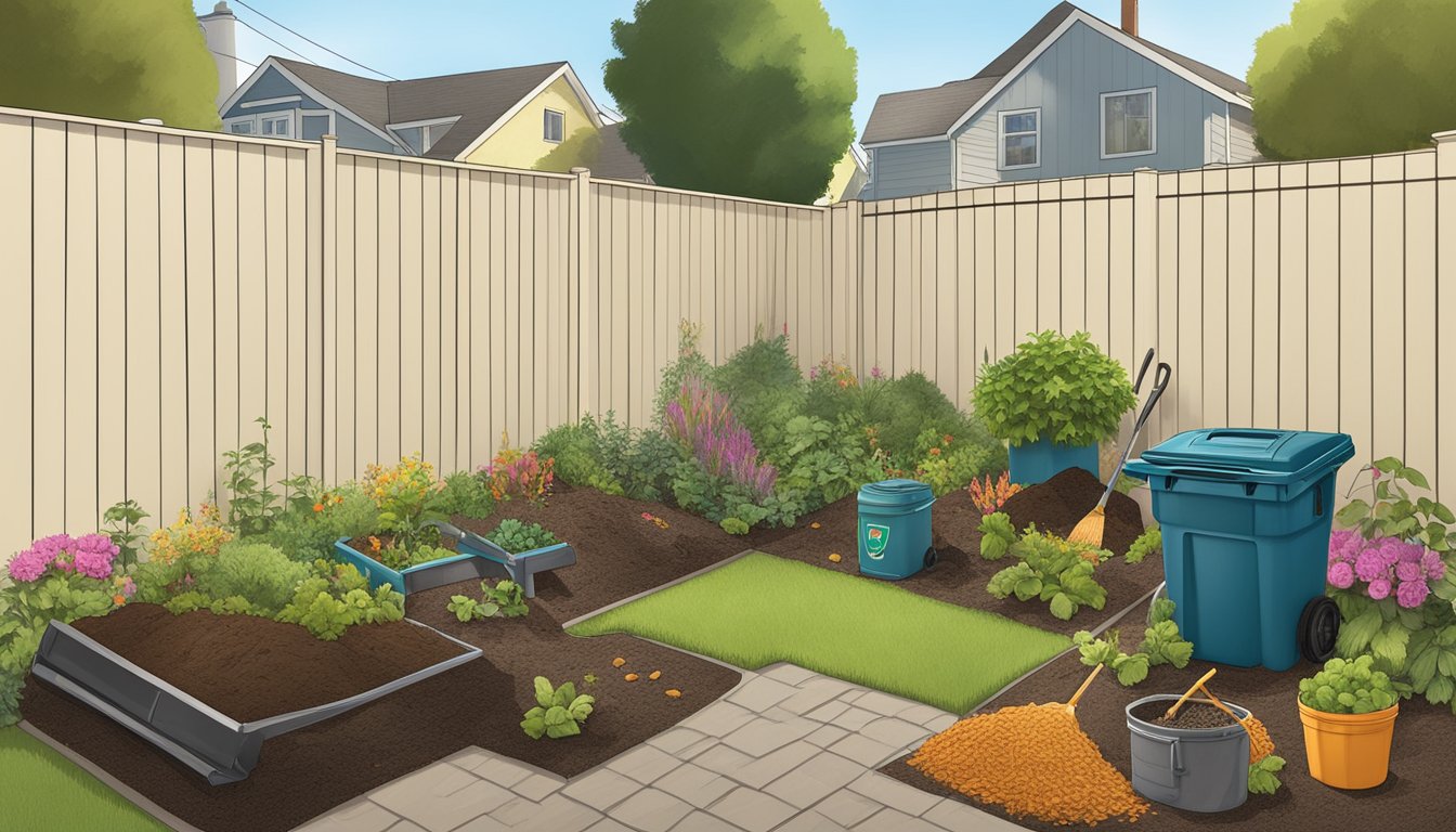 A backyard in Daly City, CA with a compost bin, garden tools, and a variety of organic waste materials being added to the compost pile