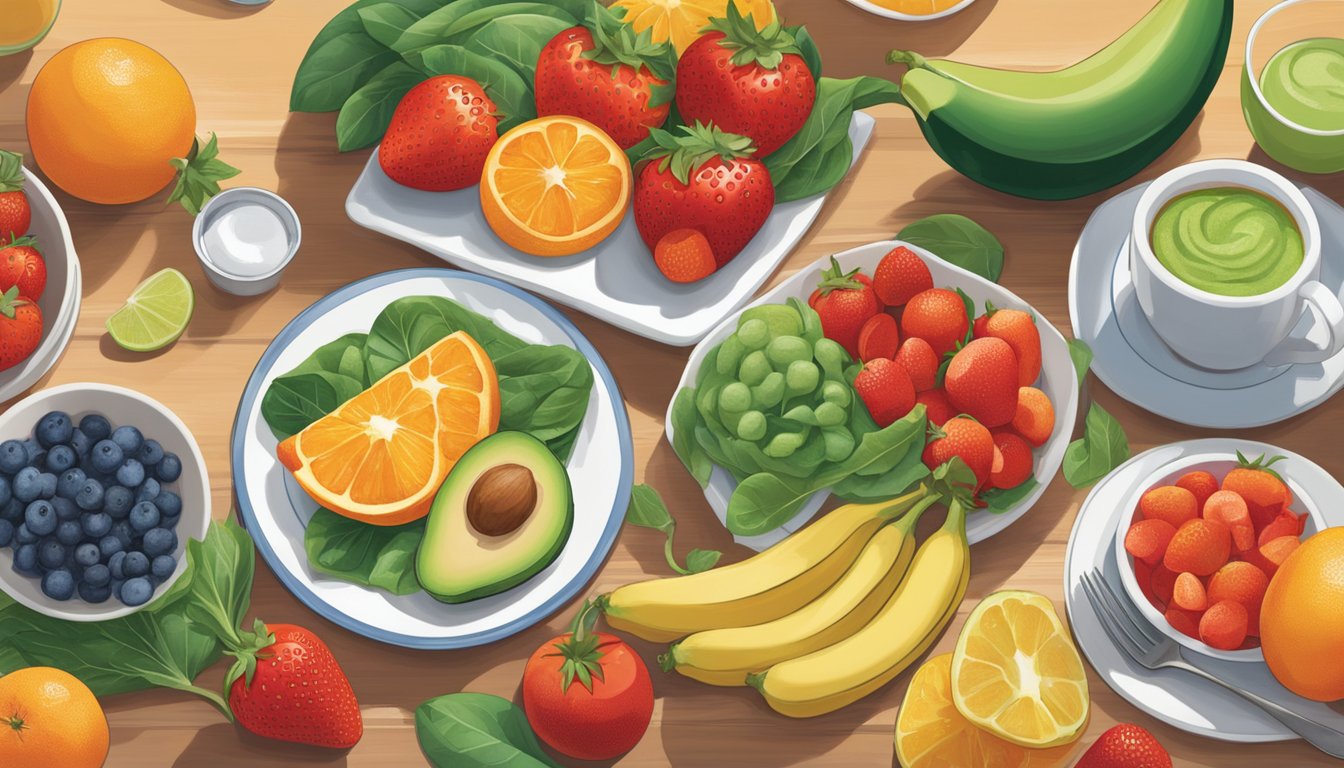 A colorful array of fruits and vegetables arranged on a breakfast table at IHOP, including strawberries, bananas, oranges, spinach, tomatoes, and avocados