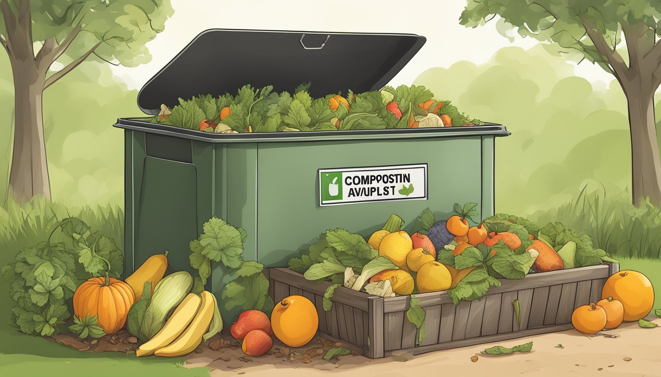 A backyard compost bin filled with fruit and vegetable scraps, leaves, and grass clippings, with a sign nearby listing items to avoid composting