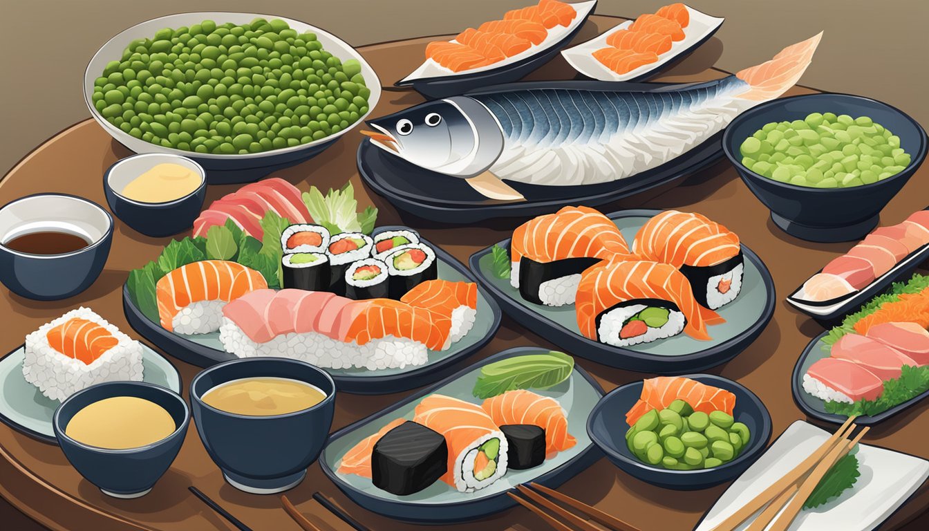 A colorful array of fresh sushi, sashimi, and grilled fish alongside steamed vegetables and a bowl of edamame at a Japanese restaurant