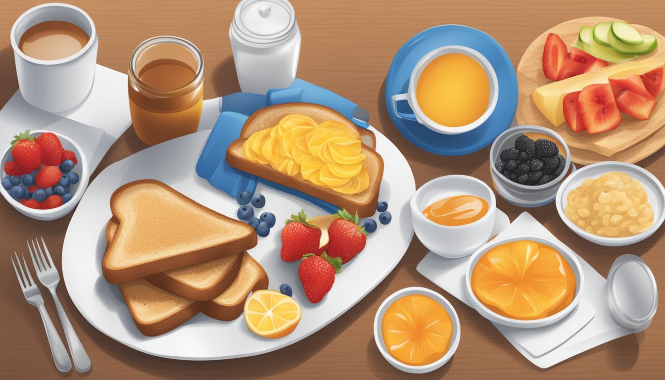 A table set with fresh fruit, whole grain toast, and a variety of colorful, healthy condiments at an IHOP breakfast