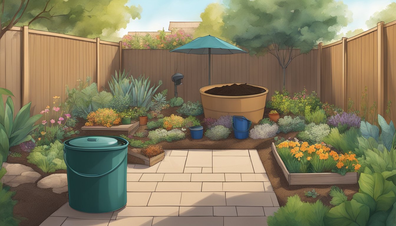 A backyard garden in Costa Mesa, CA, with a compost bin and various organic materials being mixed together to create finished compost