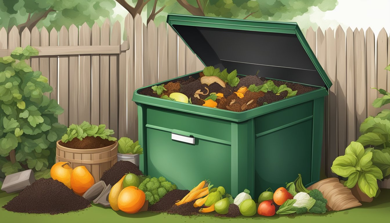 A backyard compost bin surrounded by a variety of organic waste materials such as fruit and vegetable scraps, coffee grounds, and yard clippings