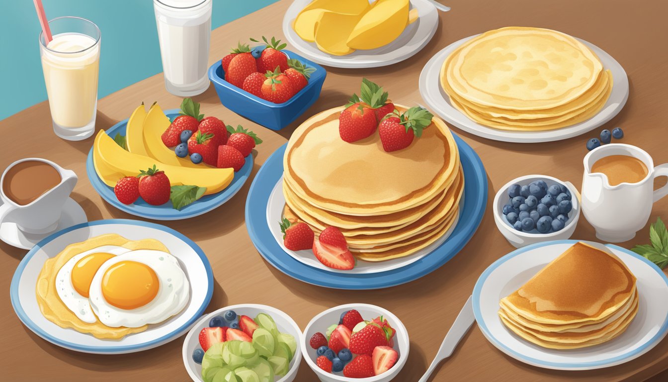 A colorful array of fresh fruits, whole grain pancakes, and egg white omelettes displayed on a table at IHOP