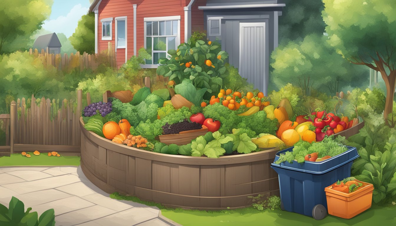 A vibrant garden with a compost bin surrounded by various organic materials, including fruit and vegetable scraps, leaves, and grass clippings