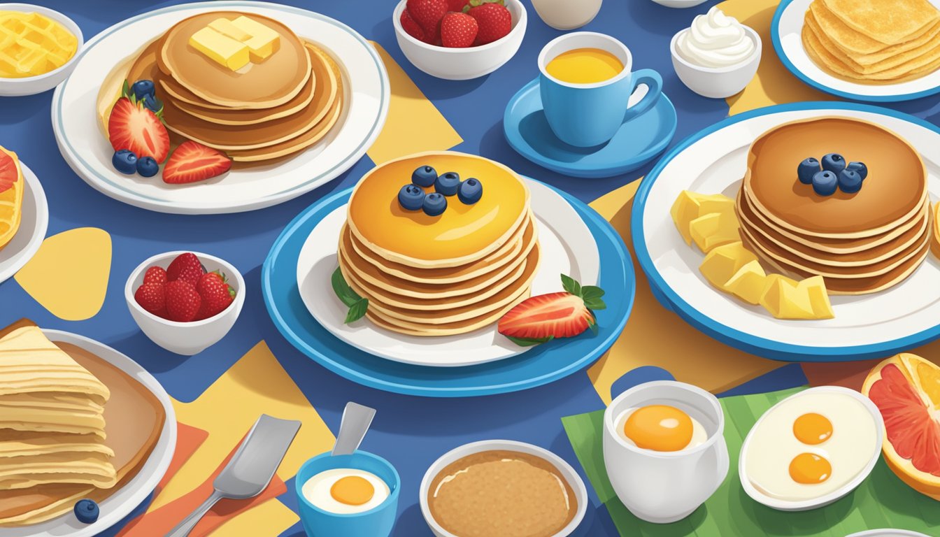 A variety of fresh fruits, whole grain pancakes, and egg white omelets displayed on a colorful breakfast table at IHOP