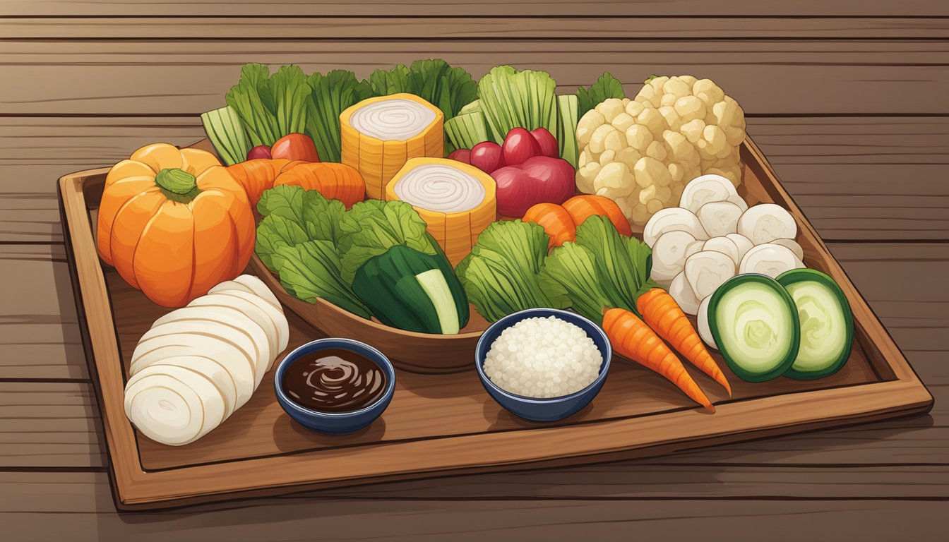 A colorful array of fresh vegetables, pickled ginger, and soy sauce arranged neatly on a wooden tray at a Japanese restaurant