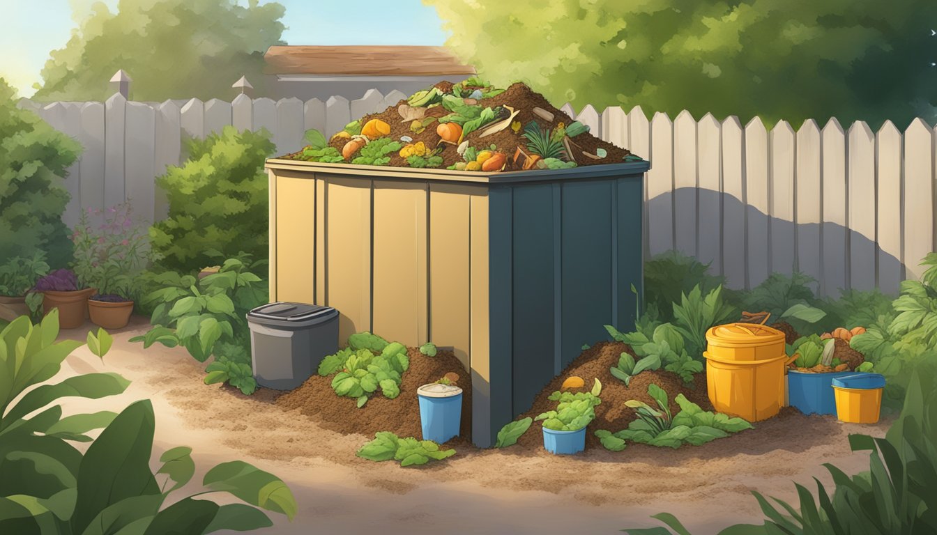 A backyard compost bin surrounded by greenery and filled with a mixture of food scraps and yard waste in El Monte, CA