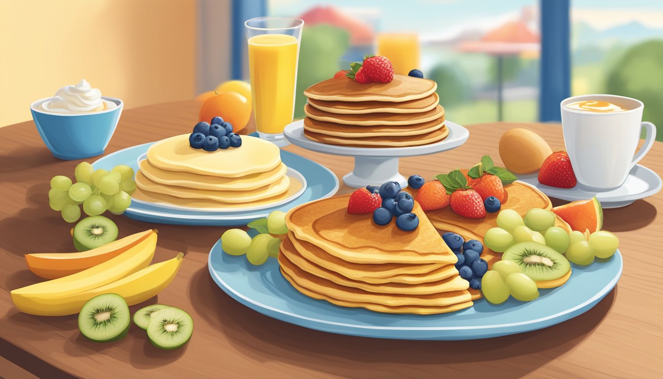 A colorful spread of fresh fruits, whole grain pancakes, and egg white omelets on a bright, inviting table at IHOP