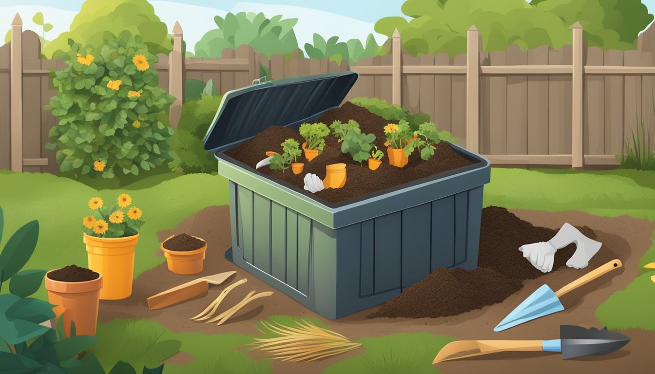 A backyard compost bin surrounded by various types of organic waste, with a small shovel and gardening gloves nearby