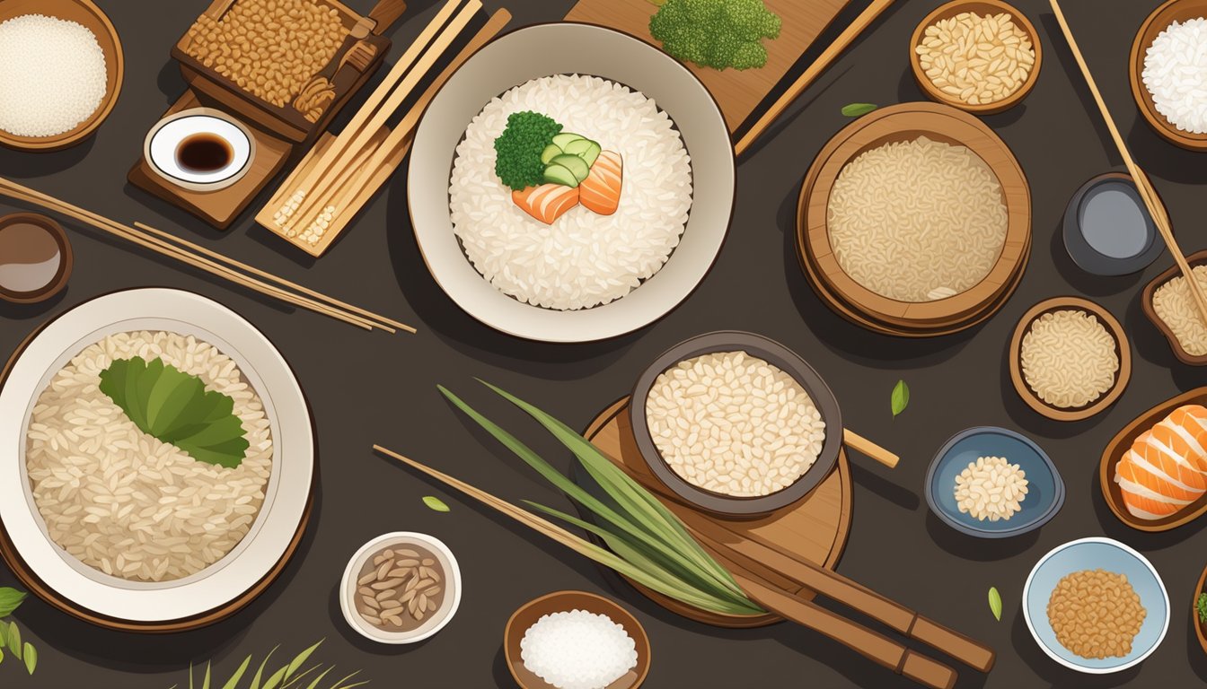 A table set with various rice and grain options, including sushi rice, brown rice, quinoa, and barley, at a traditional Japanese restaurant