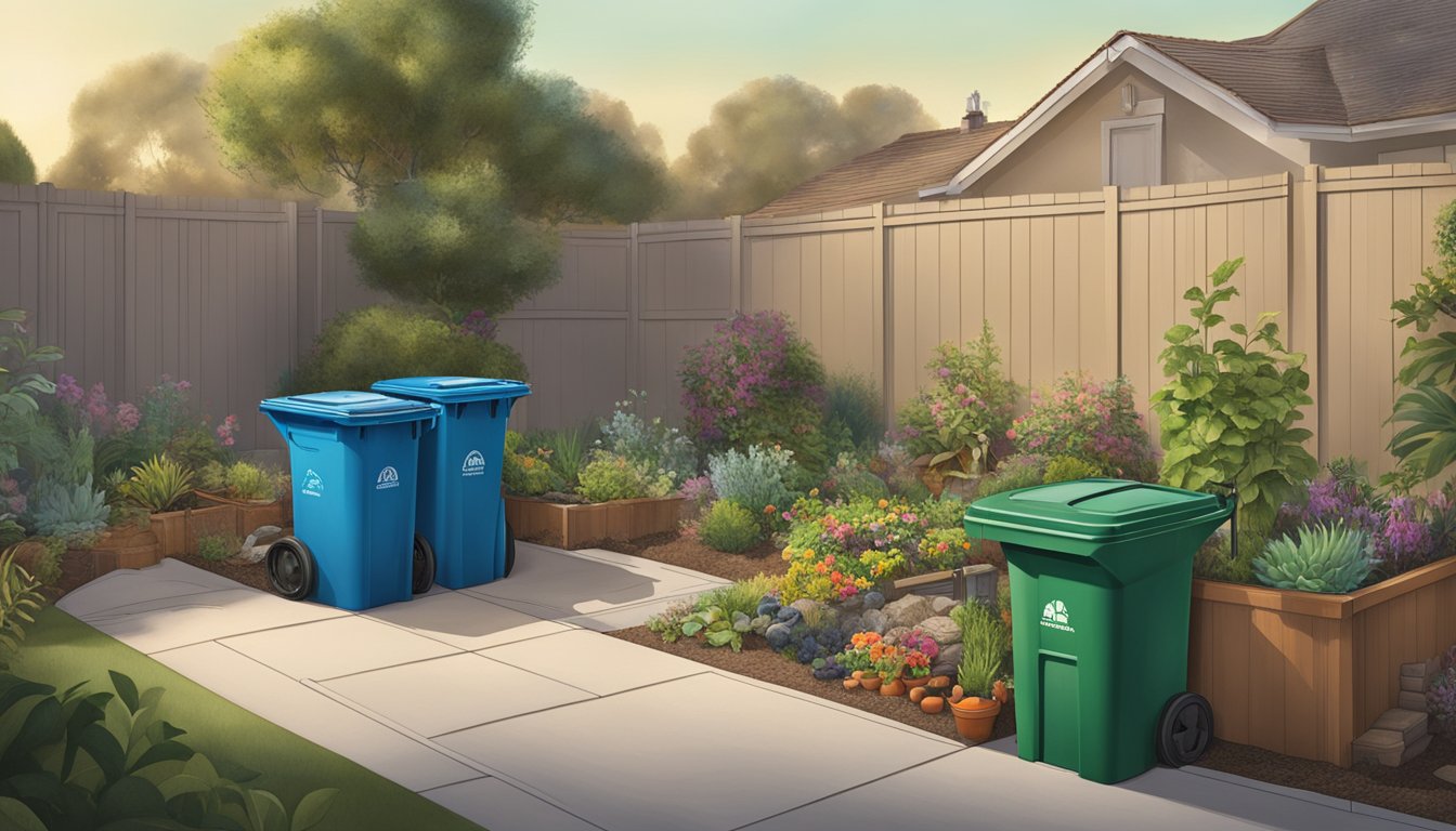 A backyard in Downey, CA with a compost bin, gardening tools, and various organic waste materials being added to the bin