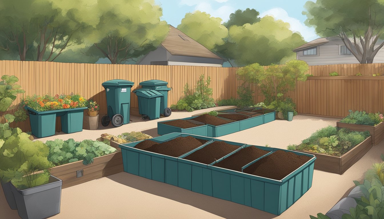 A backyard in Costa Mesa, CA with multiple composting bins, a variety of organic materials, and a person turning the compost with a pitchfork