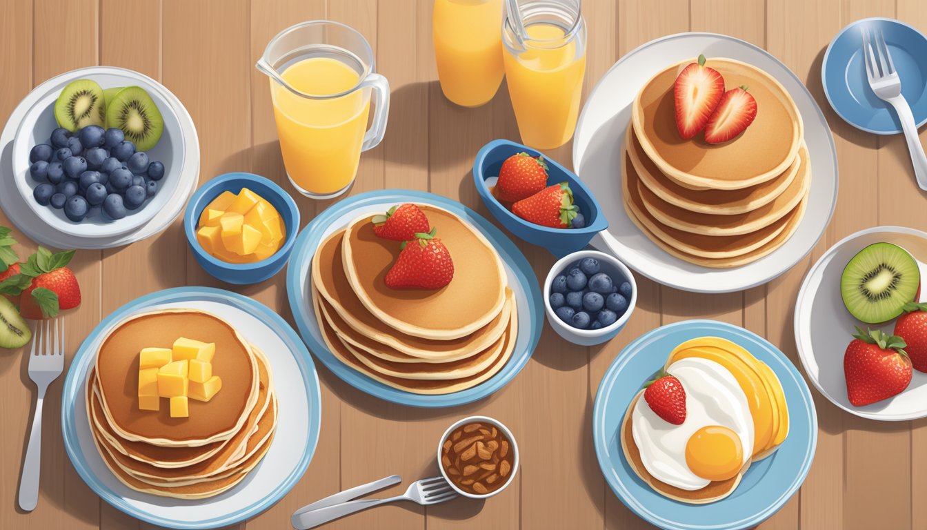 A colorful display of fresh fruits, whole grain pancakes, and lean protein options arranged on a clean, modern breakfast table at IHOP