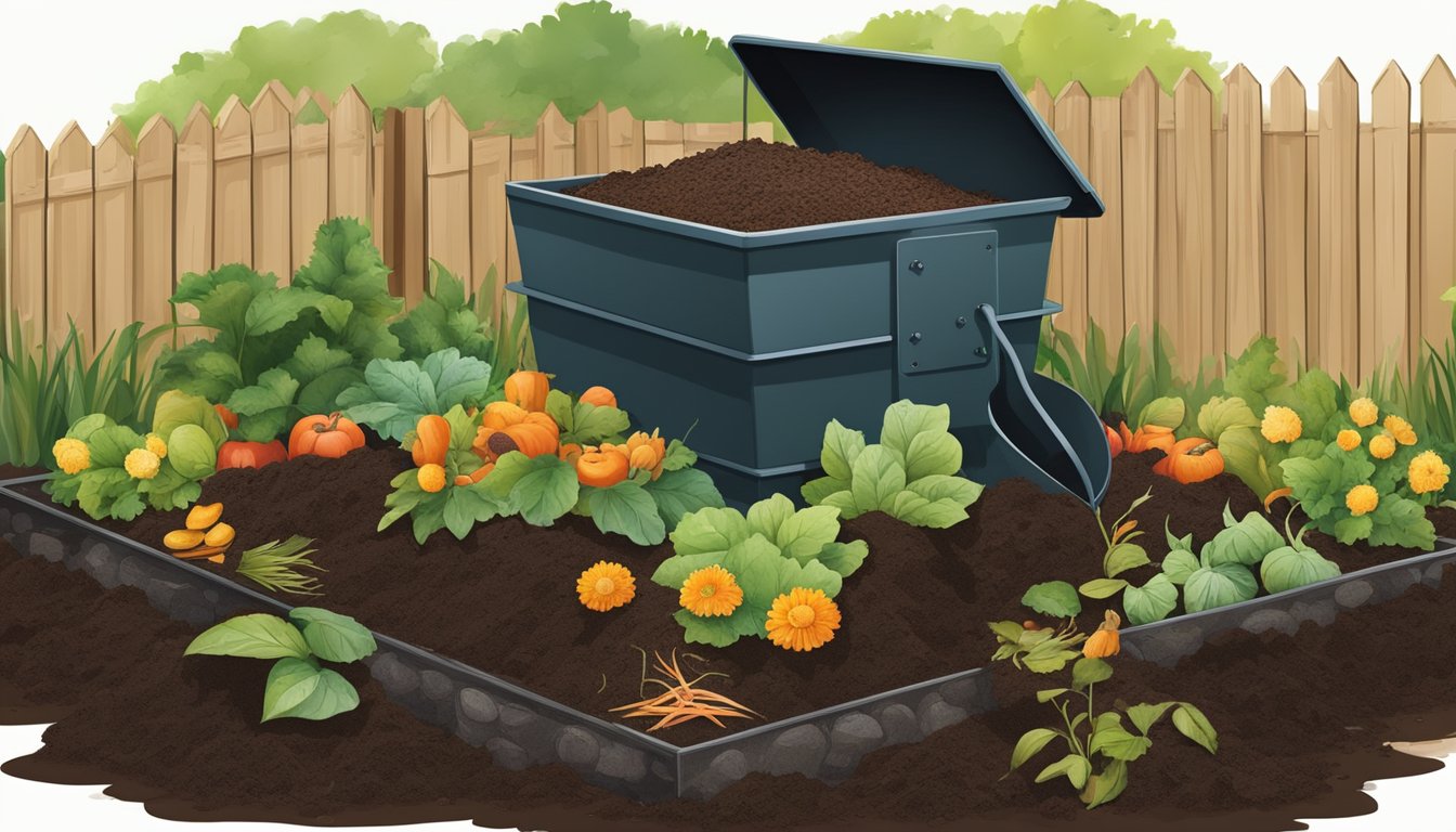 A backyard compost bin sits next to a garden bed filled with rich, dark soil. A variety of food scraps and yard waste are being added to the compost pile