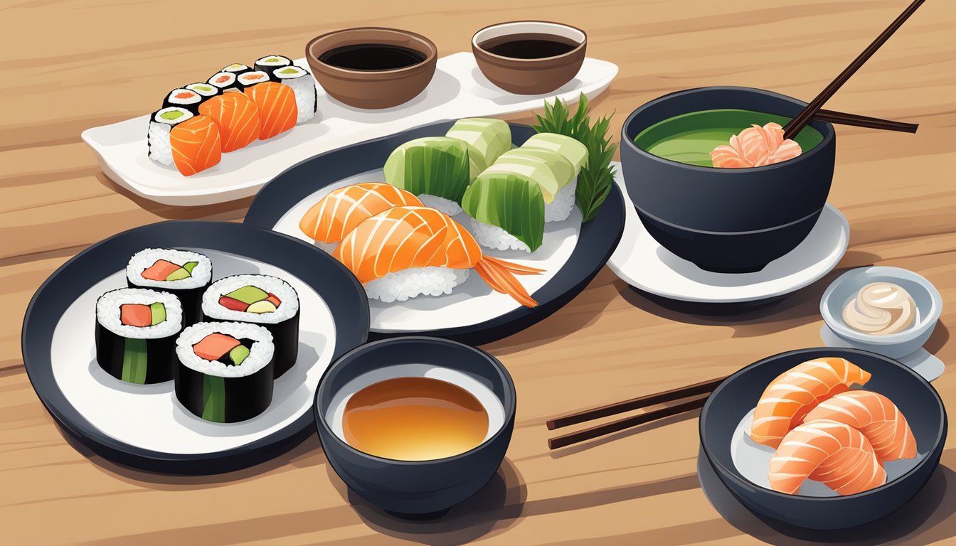 A colorful array of sushi rolls, sashimi, and miso soup on a wooden table with chopsticks and a small dish of soy sauce