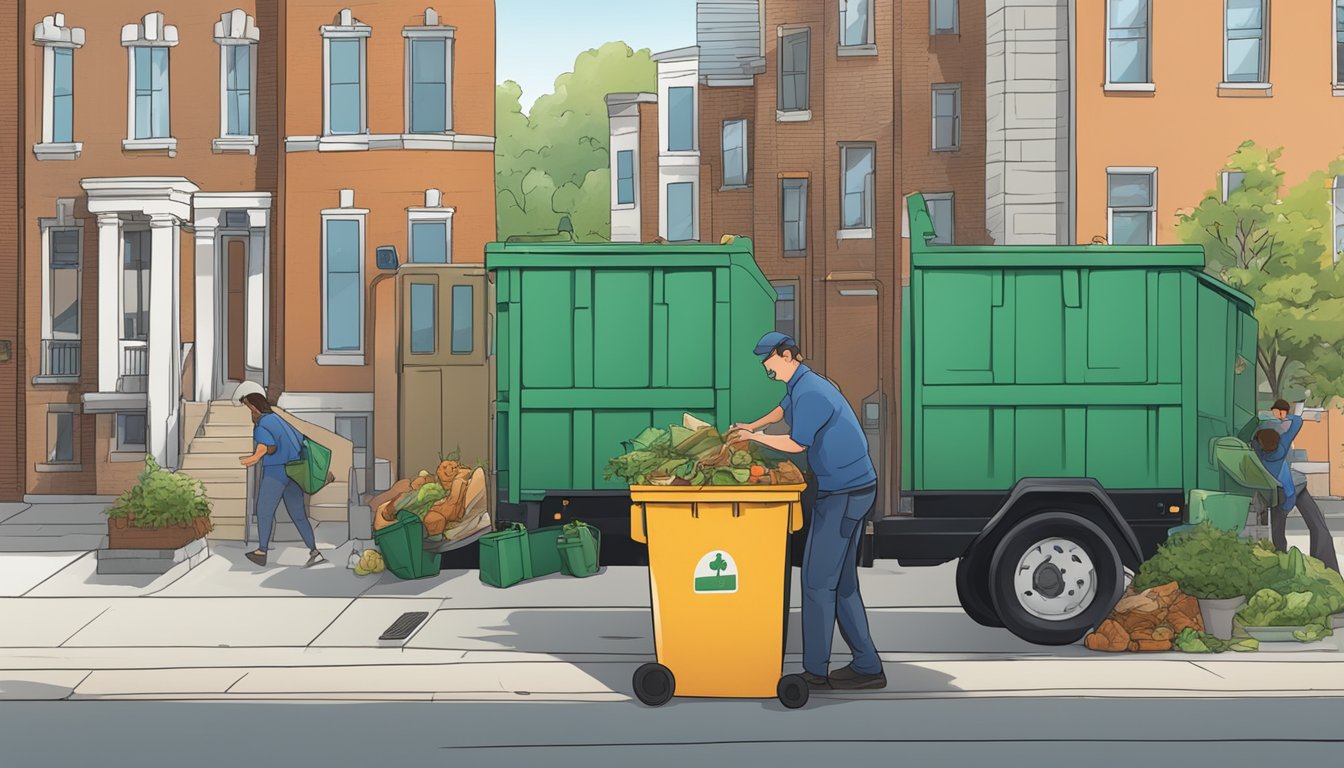 A bustling city street with neatly lined compost bins and residents dropping off food scraps. A city worker empties a bin into a larger composting container