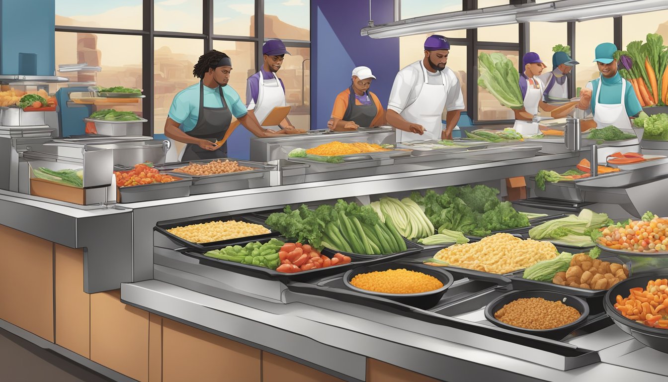 A variety of fresh vegetables and lean proteins are being prepared and assembled into customizable healthy meal options at a Taco Bell restaurant