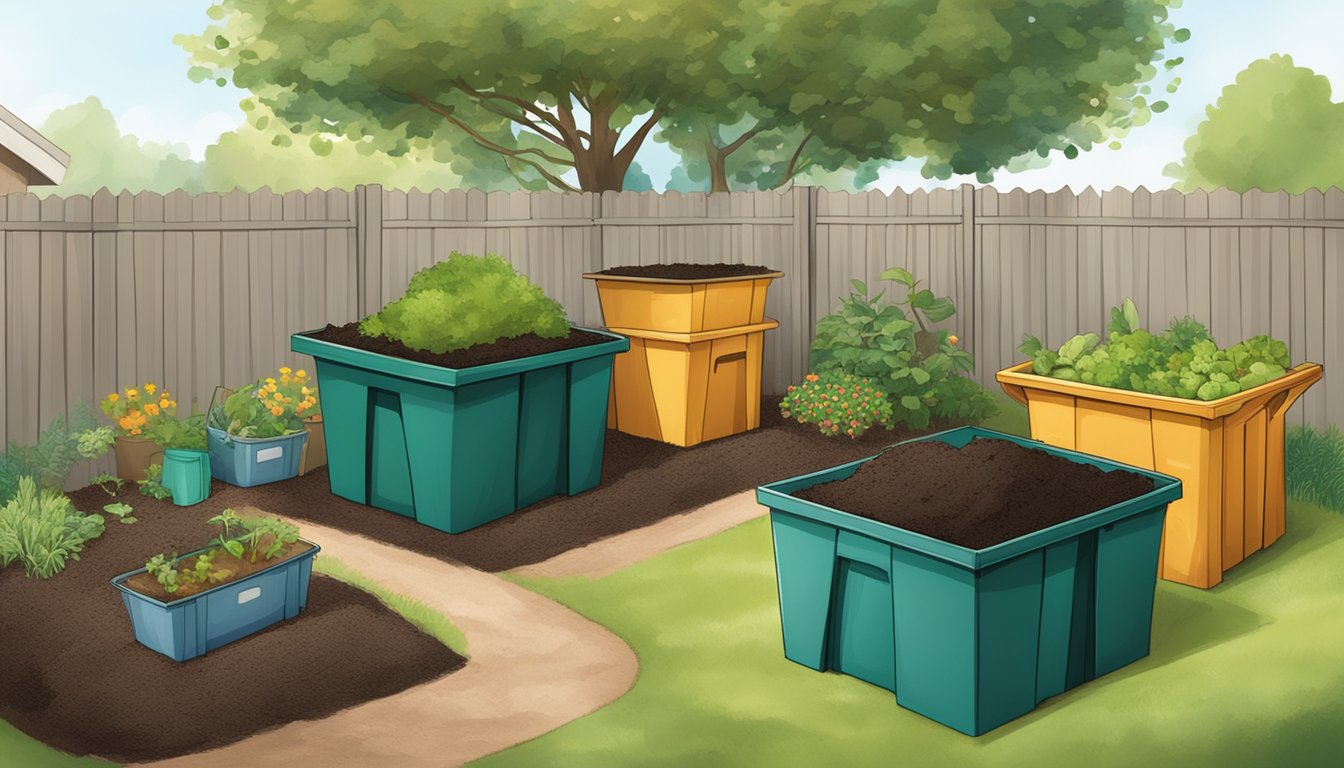 A backyard with three composting bins: one for traditional composting, one for vermicomposting, and one for hot composting. Surrounding the bins are various types of organic waste materials and gardening tools