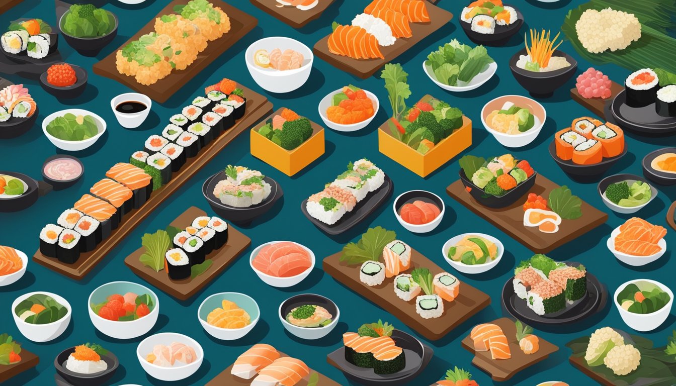 A table set with colorful and artfully arranged Japanese dishes, featuring fresh and healthy ingredients like sushi, sashimi, and vegetable tempura