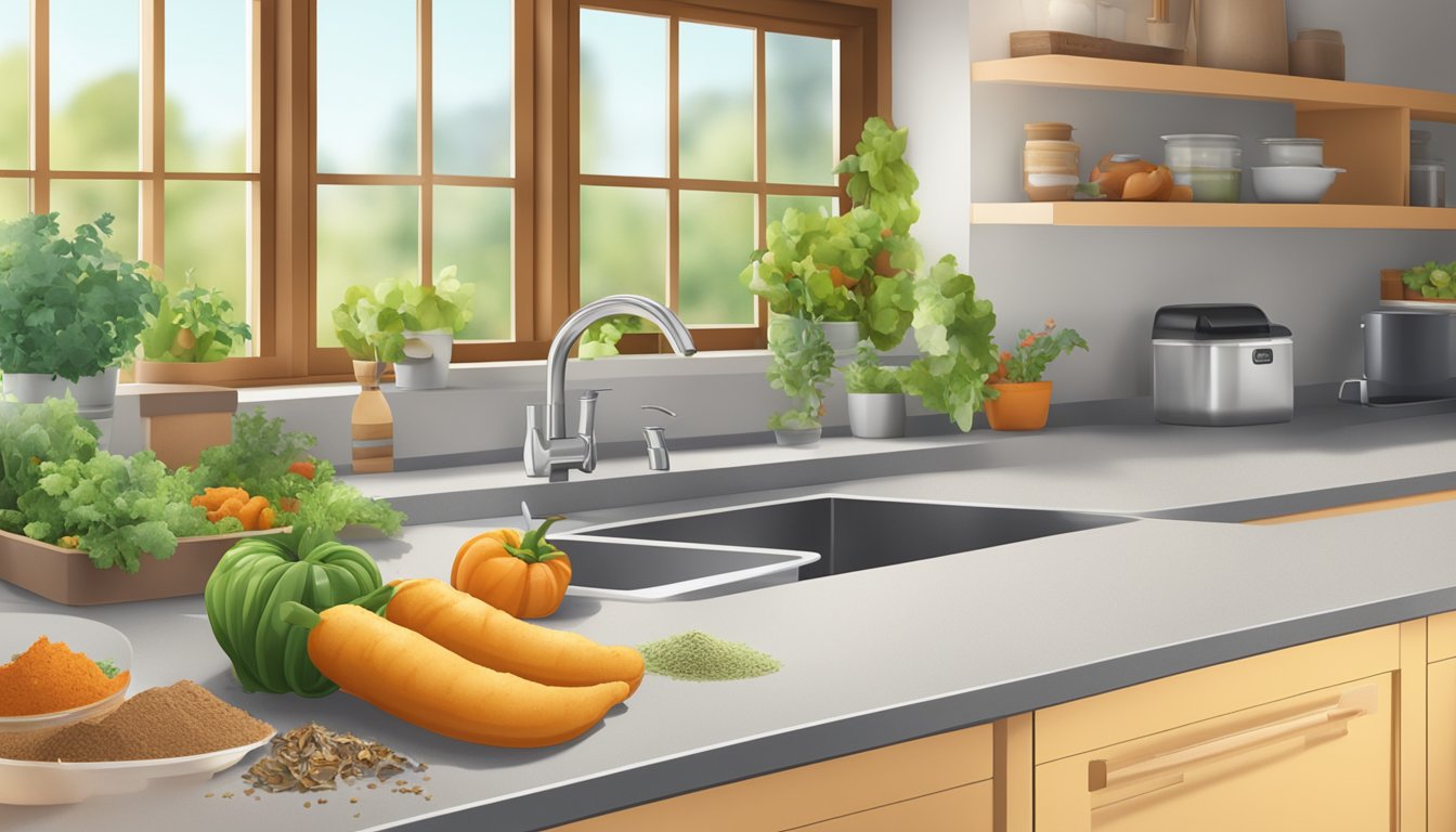 A kitchen counter with food scraps, a compost bin, and a small garden in the background