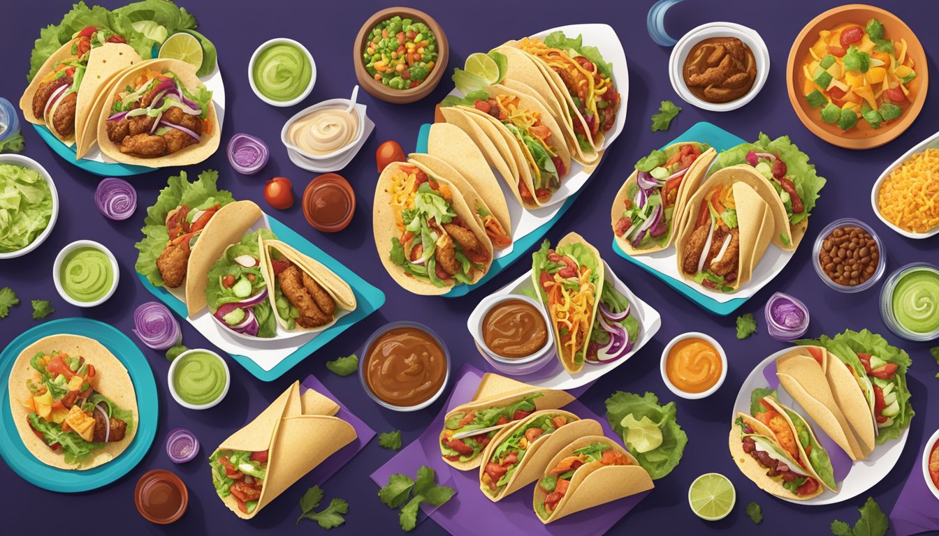 A festive table with a variety of fresh, colorful dishes from Taco Bell, including salads, grilled chicken, and veggie-packed tacos