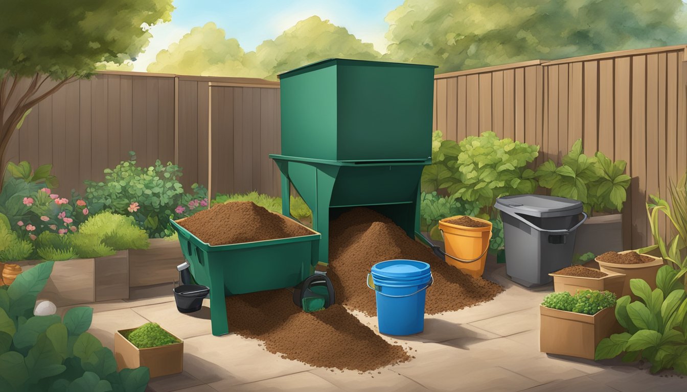 A backyard in El Monte, CA with a compost bin, garden tools, and a variety of organic materials ready to be turned into finished compost