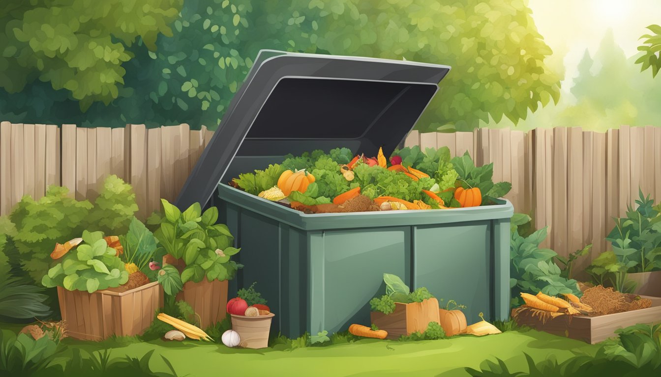 A backyard compost bin surrounded by green plants and a variety of food scraps and yard waste