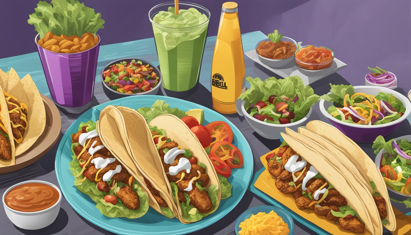 A table with a variety of Taco Bell items, including salads, grilled chicken, and vegetarian options, surrounded by caution signs