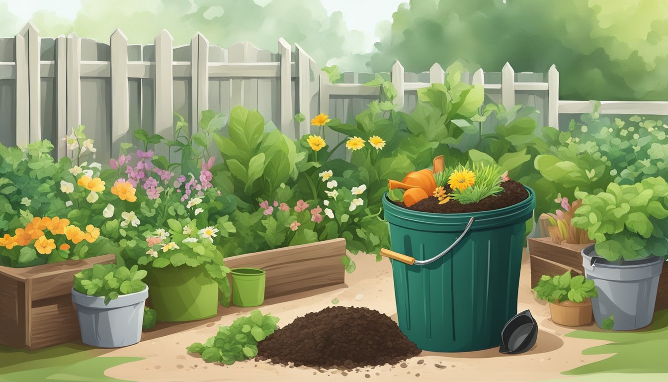 A backyard compost bin surrounded by green plants and flowers, with a small shovel and a pile of food scraps nearby