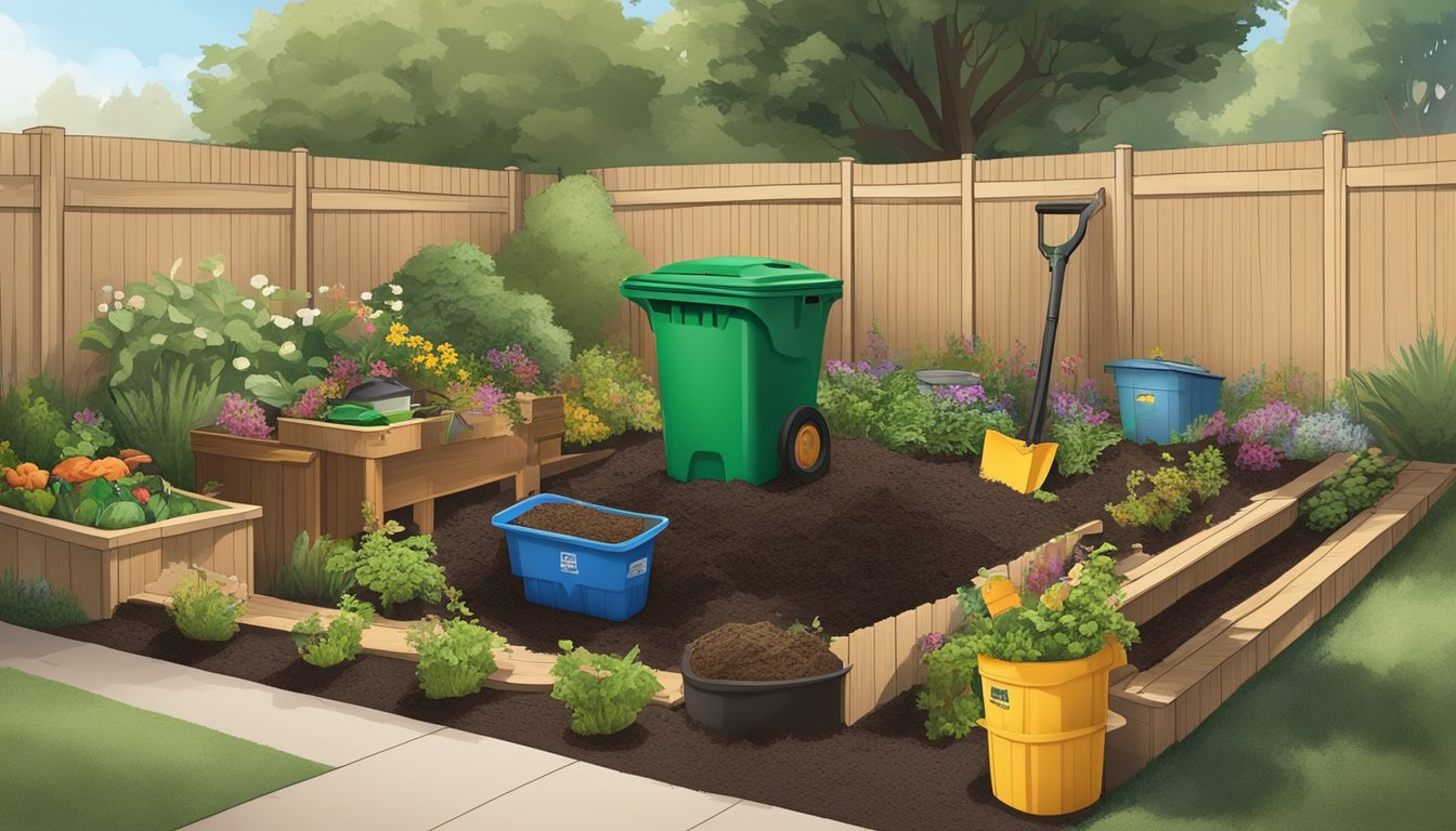 A backyard in Elk Grove, CA with a compost bin, gardening tools, and a variety of organic waste being added to the pile